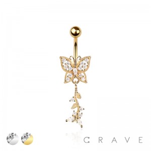 316L SURGICAL STEEL MULTI CZ BUTTERFLY DANGLE BELLY BUTTON NAVEL RING 